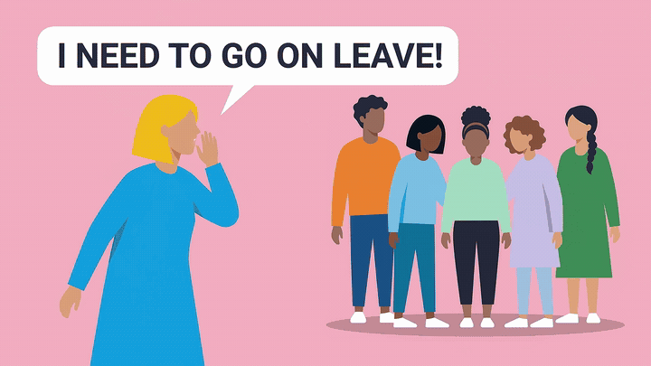 One employee announces they need leave while five coworkers point at themselves and each other in confusion, then shrug