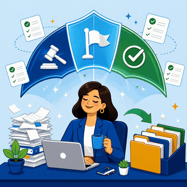HR professional taking a calm coffee break while compliance runs in the background