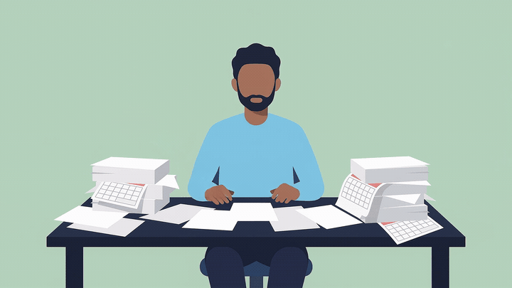An overwhelmed employee sorts through conflicting calendar revisions at a desk