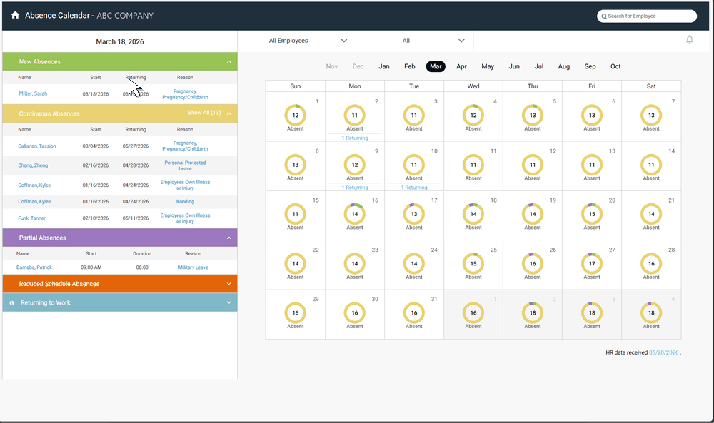 Absence Blueprint demo showing leave selection, details and navigation
